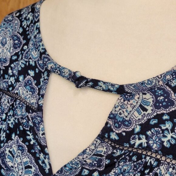 American Eagle Gauzy Babydoll Boho Peasant Blue Paisley Mini Dress - Picture 12 of 14